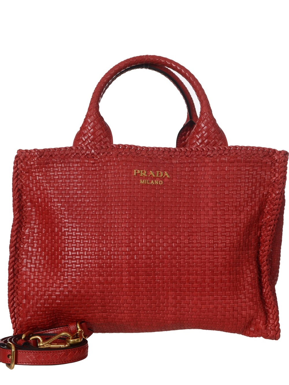 Prada Milano Madras Red Woven Leather Tote